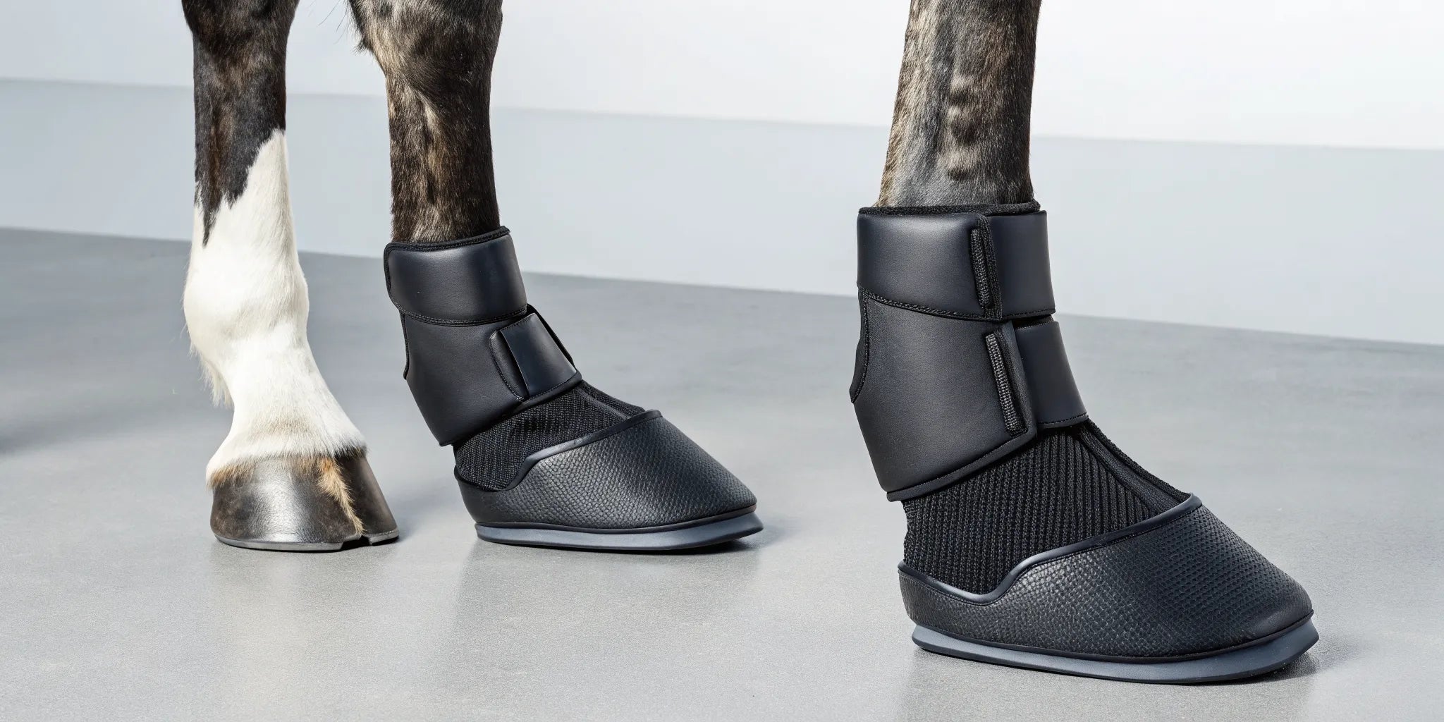 A horse's hoof showing the difference between a black bell boot and an overreach boot.