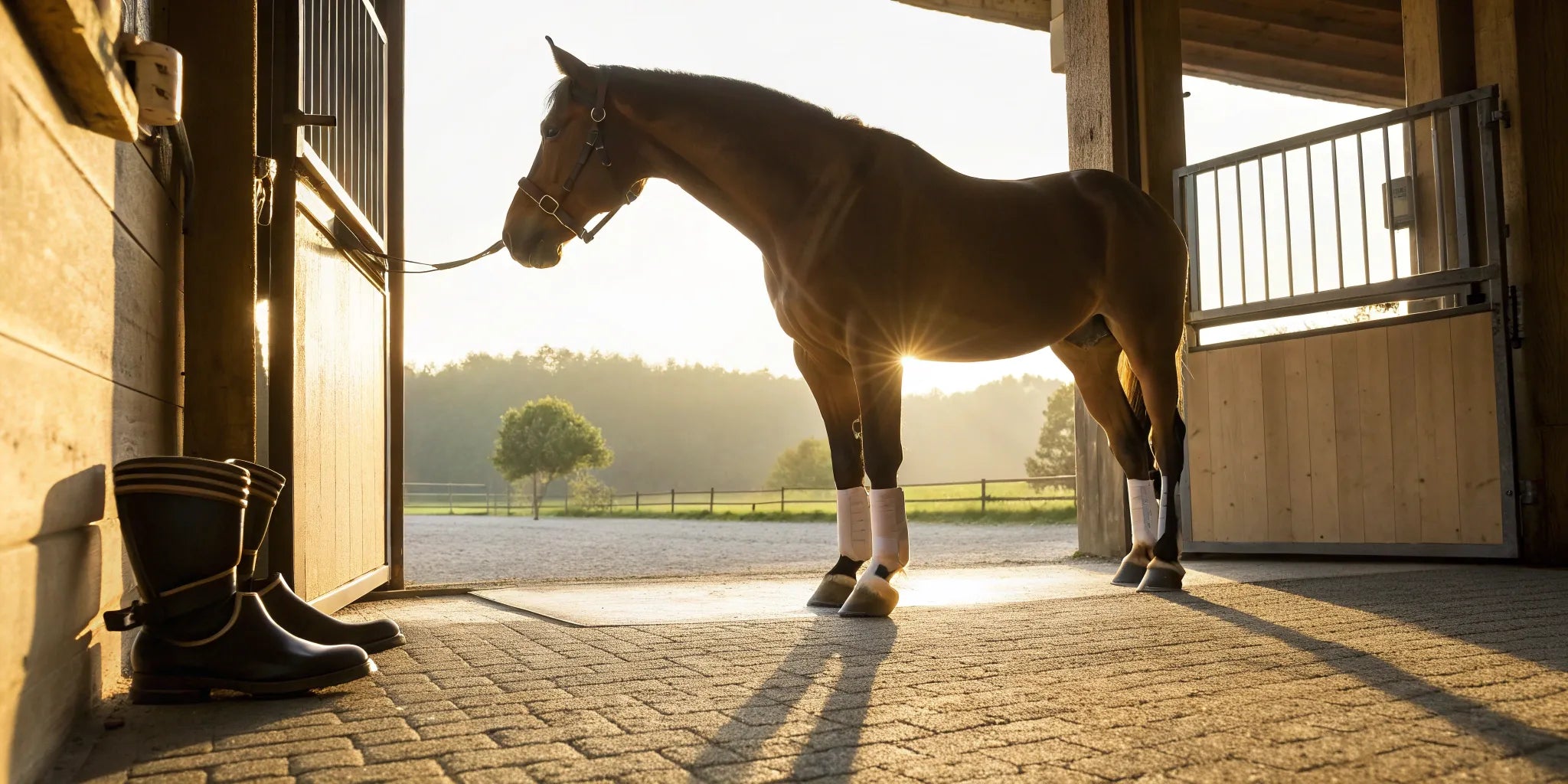 A horse wearing overreach boots with a pair of bell boots nearby.