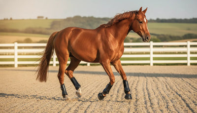 Chestnut horse wearing fitted black bell boots