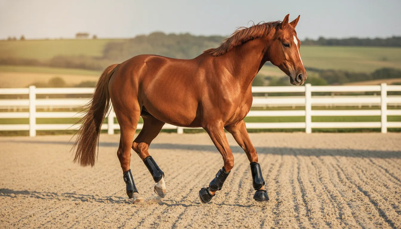 Chestnut horse wearing fitted black bell boots