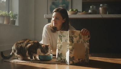 Healthy cat eating from a ceramic bowl beside cat food choices