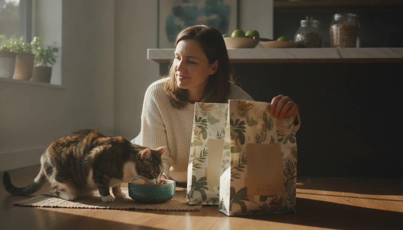 Healthy cat eating from a ceramic bowl beside cat food choices