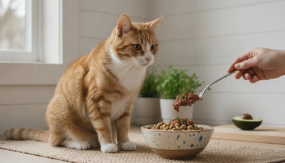Orange and white cat watching a savory topper being added to a bowl of kibble