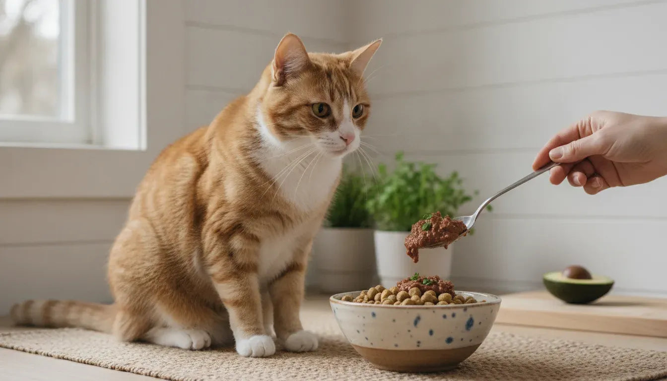 Orange and white cat watching a savory topper being added to a bowl of kibble