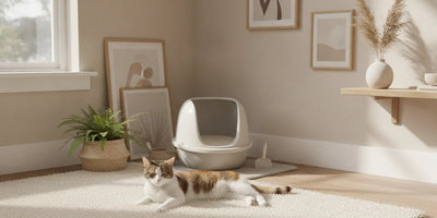 A clean, roomy open cat litter box in a calm, bright home with a cat nearby