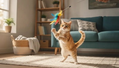 Best cat toys for bored cats, a tabby cat batting a feathered wand toy in a bright living room