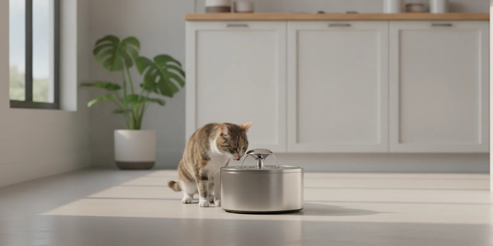 A cat drinking from a clean stainless steel water fountain in a bright home