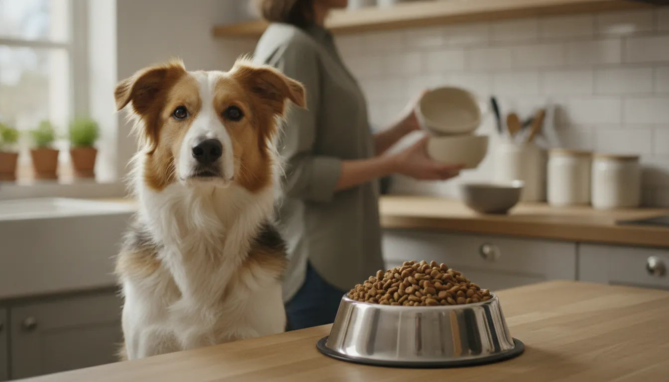 Healthy dog beside a bowl of dry food while an owner chooses a suitable formula
