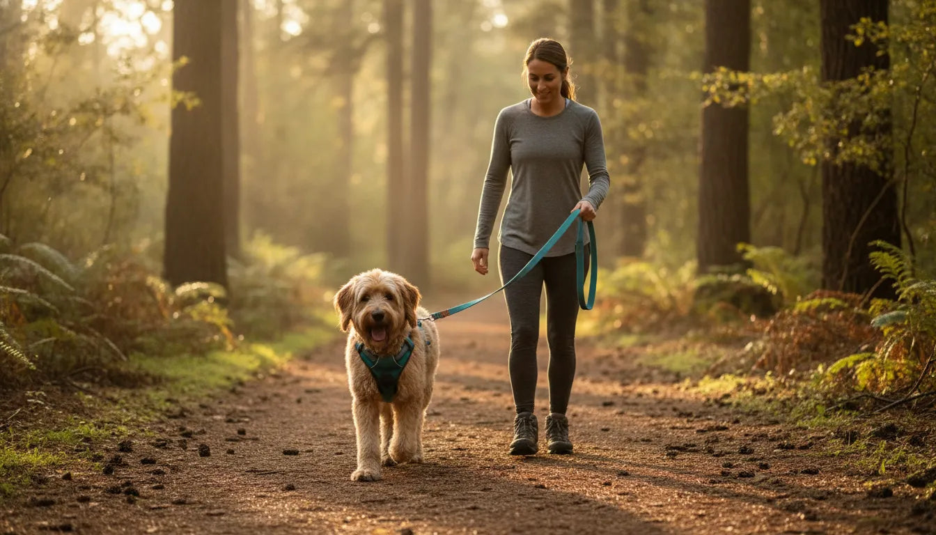 Dog wearing a comfortable walking harness on a wooded trail