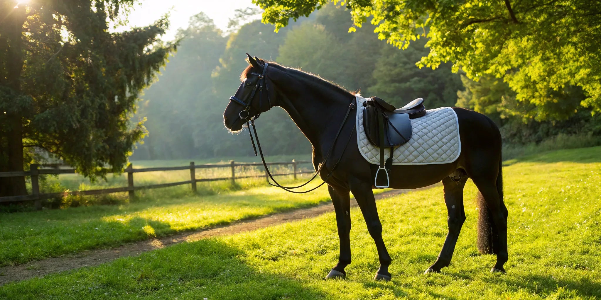 A black horse wearing a Best Ever saddle pad in a green pasture.