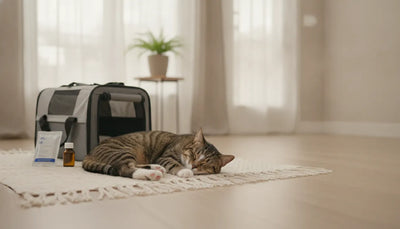 Healthy tabby cat resting at home beside a cat flea prevention package