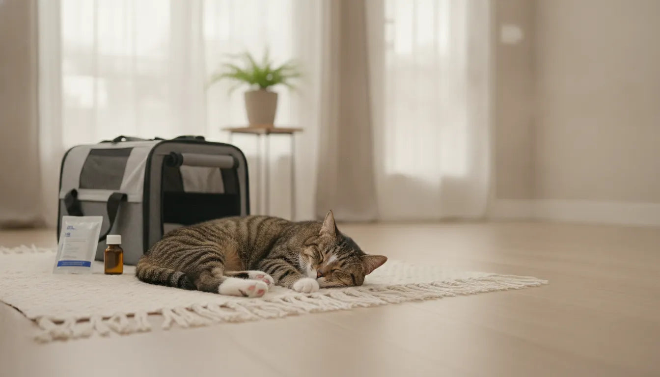 Healthy tabby cat resting at home beside a cat flea prevention package