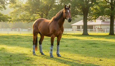 Bay horse wearing breathable fly boots in a summer pasture