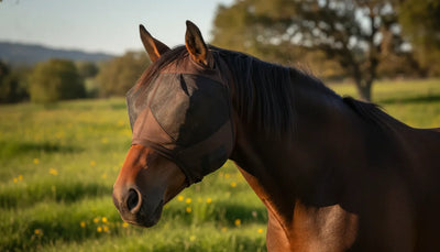Bay horse wearing a fitted mesh fly mask with ear coverage