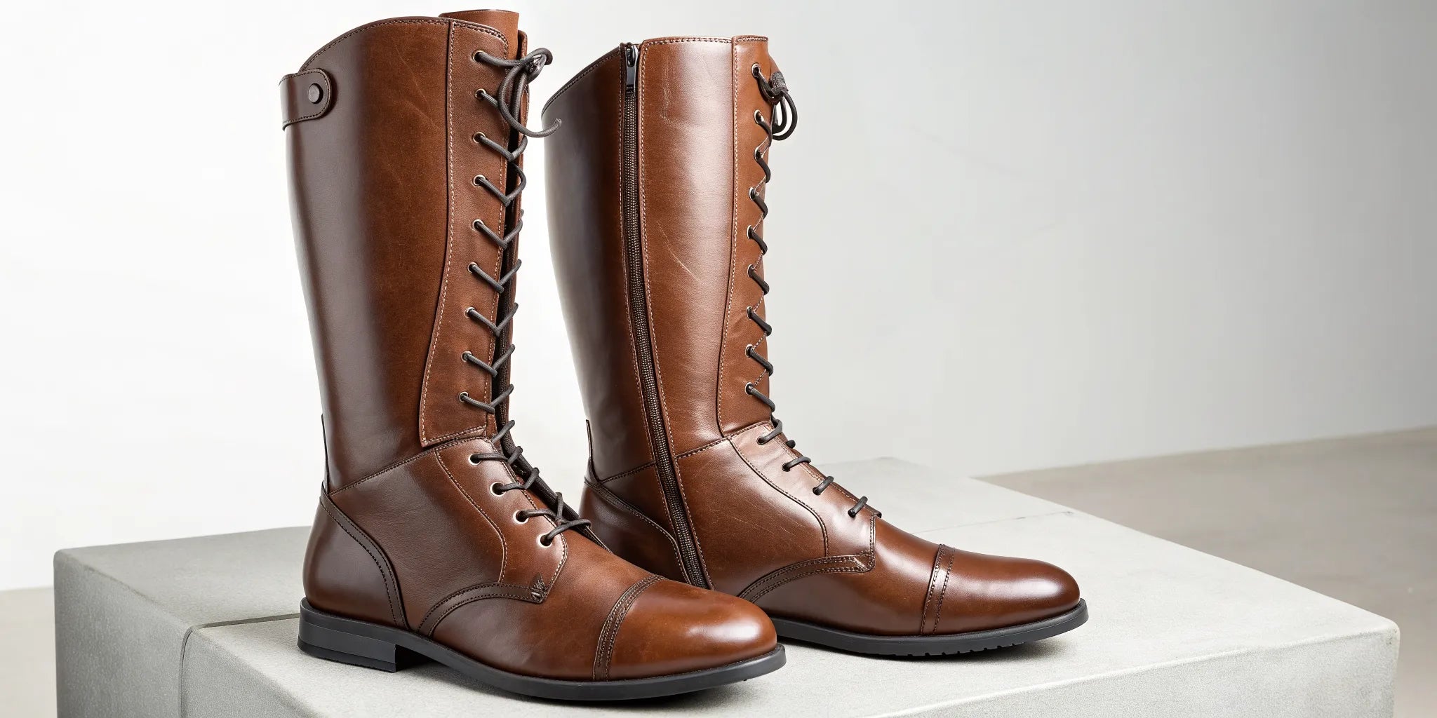 A pair of tall genuine leather riding boots in a classic brown, lace-up style.
