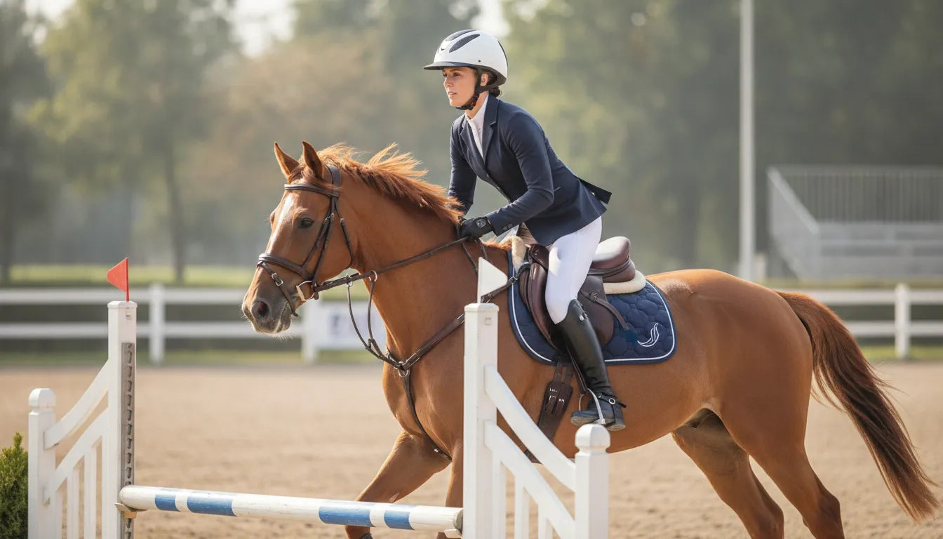 Show jumping rider wearing a well-fitted horse jumping helmet while approaching an arena fence