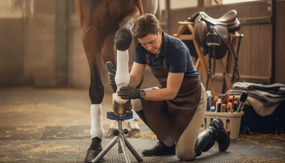 Caretaker inspecting a horse hoof in a bright stable