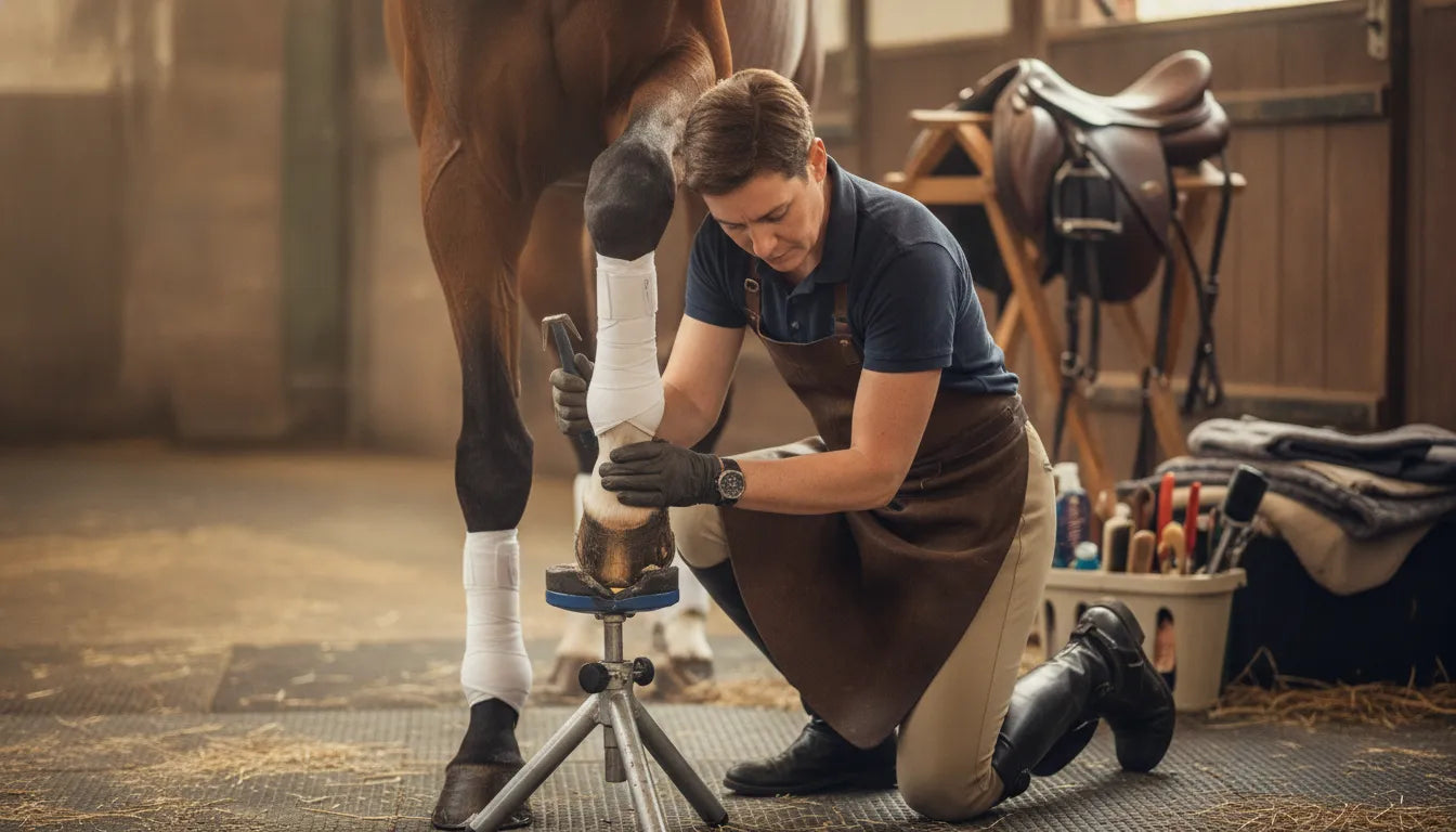 Caretaker inspecting a horse hoof in a bright stable