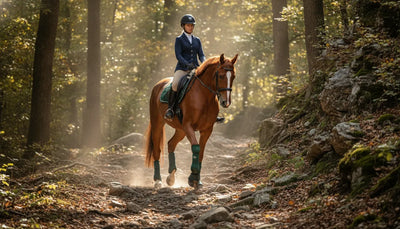 Horse wearing fitted protective boots on a rocky wooded trail