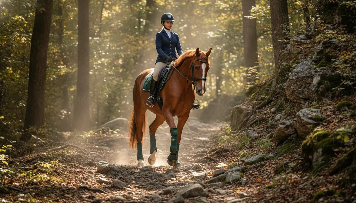 Horse wearing fitted protective boots on a rocky wooded trail