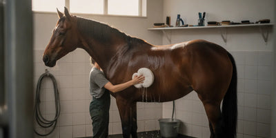 A horse being gently washed with a sponge in a clean grooming area
