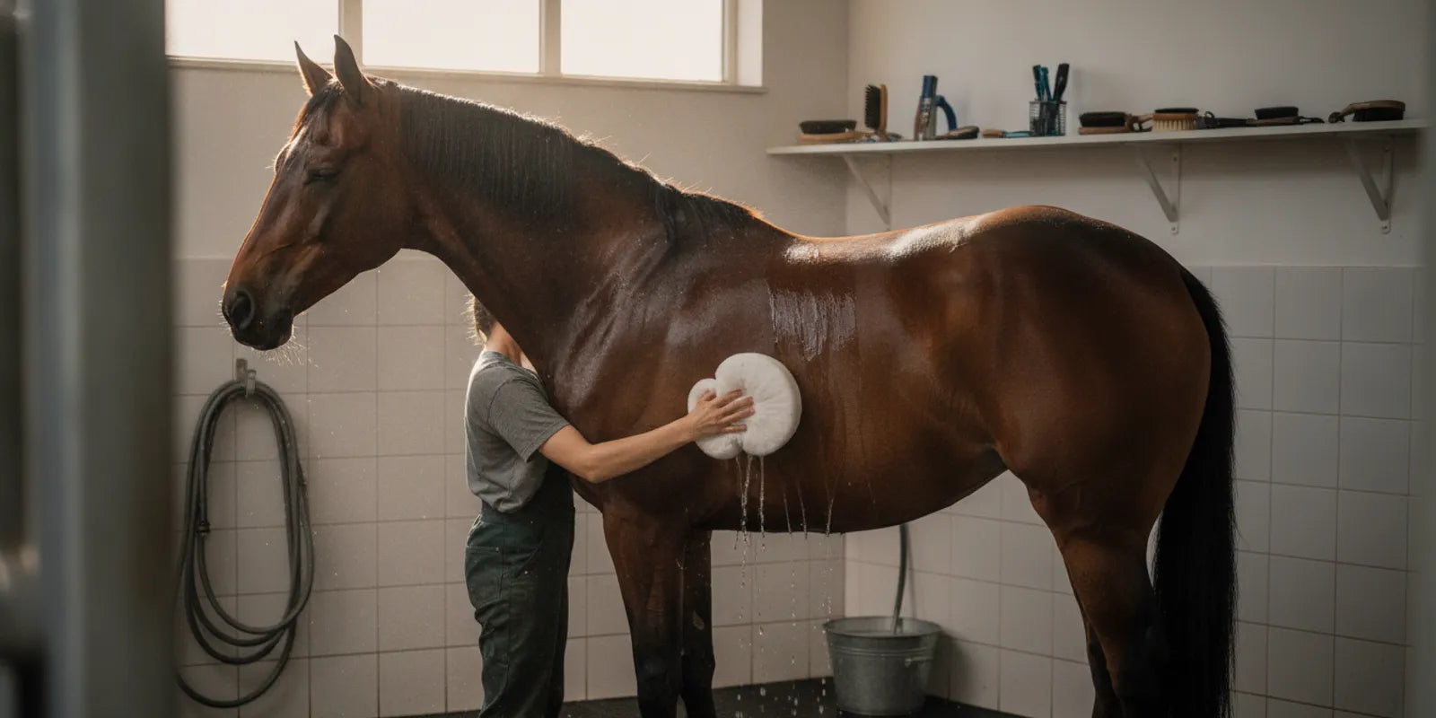 A horse being gently washed with a sponge in a clean grooming area