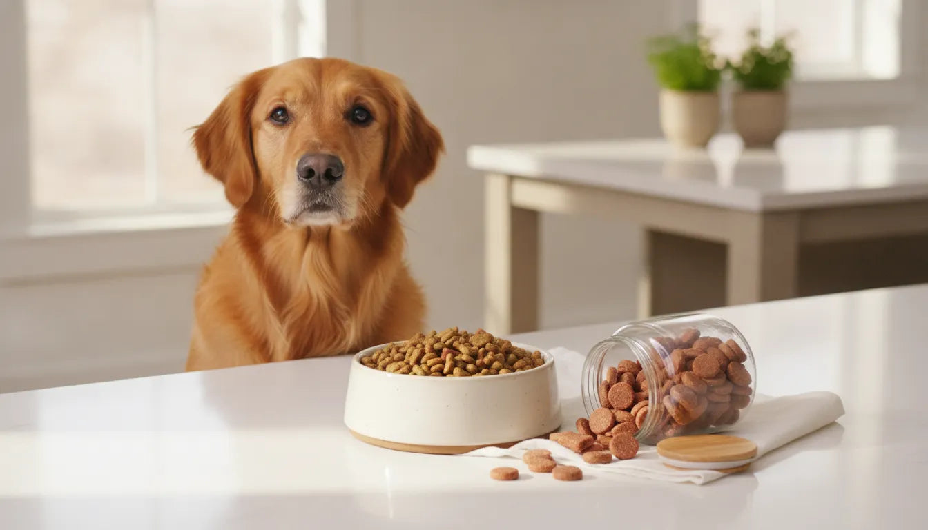 Healthy dog beside probiotic supplements for gut support