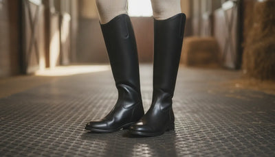 Tall black field boots with a thin knit sock band visible above the boot tops in a stable aisle
