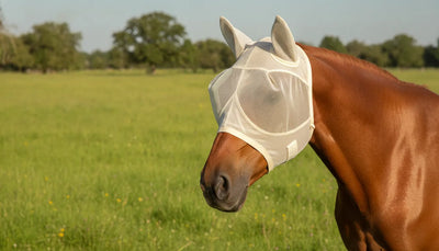 Horse wearing a UV-protective fly mask in a sunny pasture