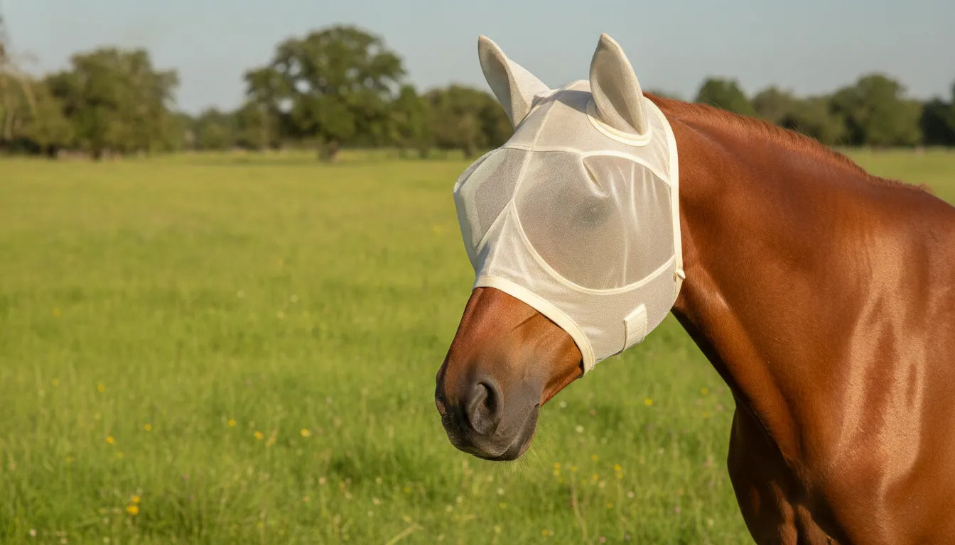 Horse wearing a UV-protective fly mask in a sunny pasture