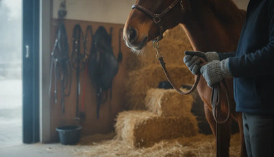 Horse owner wearing insulated gloves while handling a lead rope in a winter barn