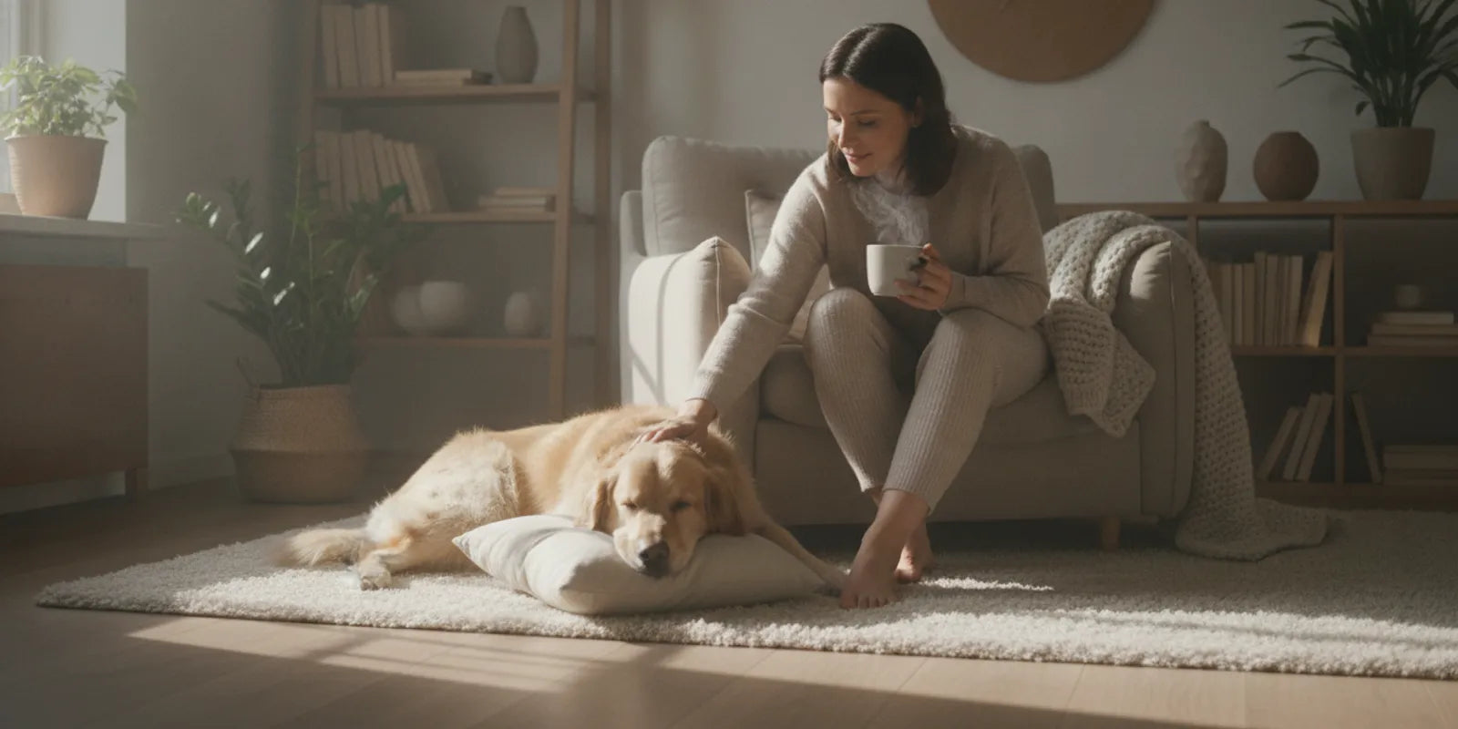 Dog resting calmly beside its owner at home