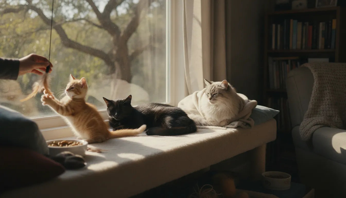 Kitten, adult cat, and senior cat together in a bright home