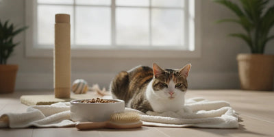 Cat relaxing beside food, grooming, and enrichment supplies