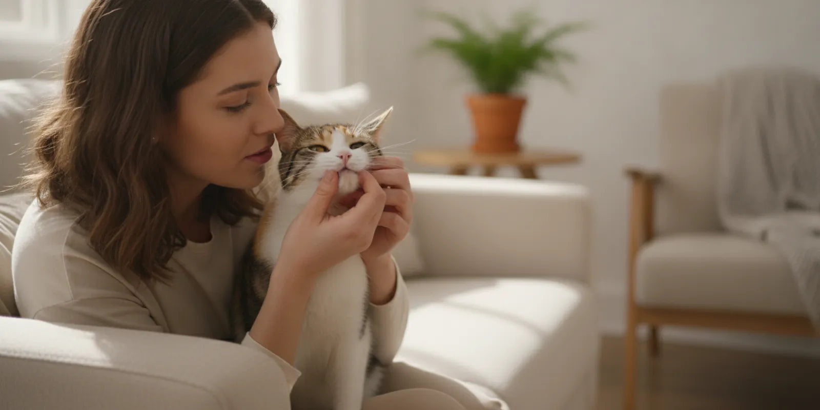 A relaxed cat having its teeth gently checked at home by its owner