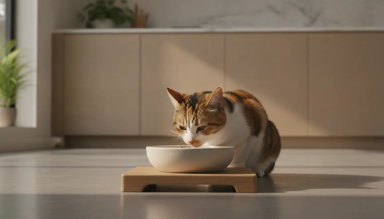 Cat eating from a shallow bowl at a clean feeding station
