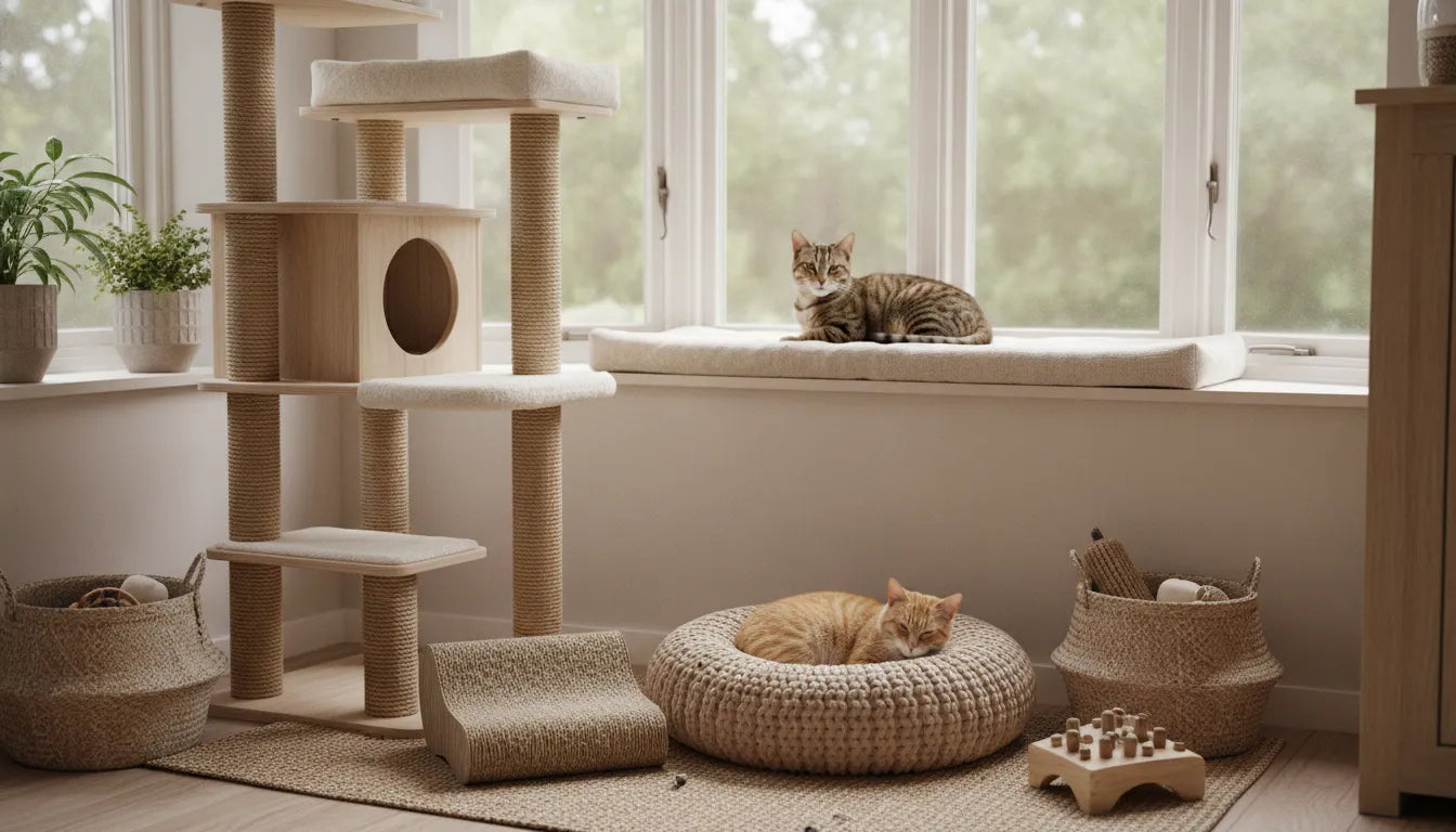 Cat furniture setup with a cat tree, scratcher, beds, and window perch