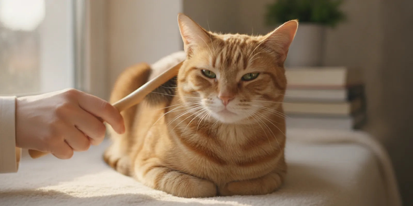 A person gently brushing a relaxed domestic cat with a soft grooming brush