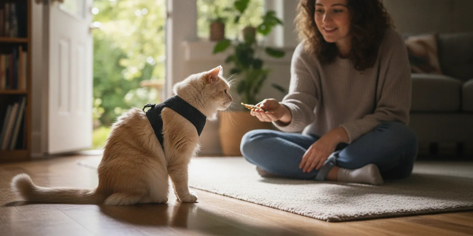 A relaxed cat practicing cat harness training indoors beside its owner