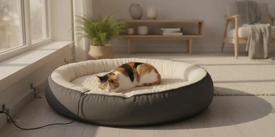 A relaxed cat resting on a low-profile warming pad in a quiet indoor bed