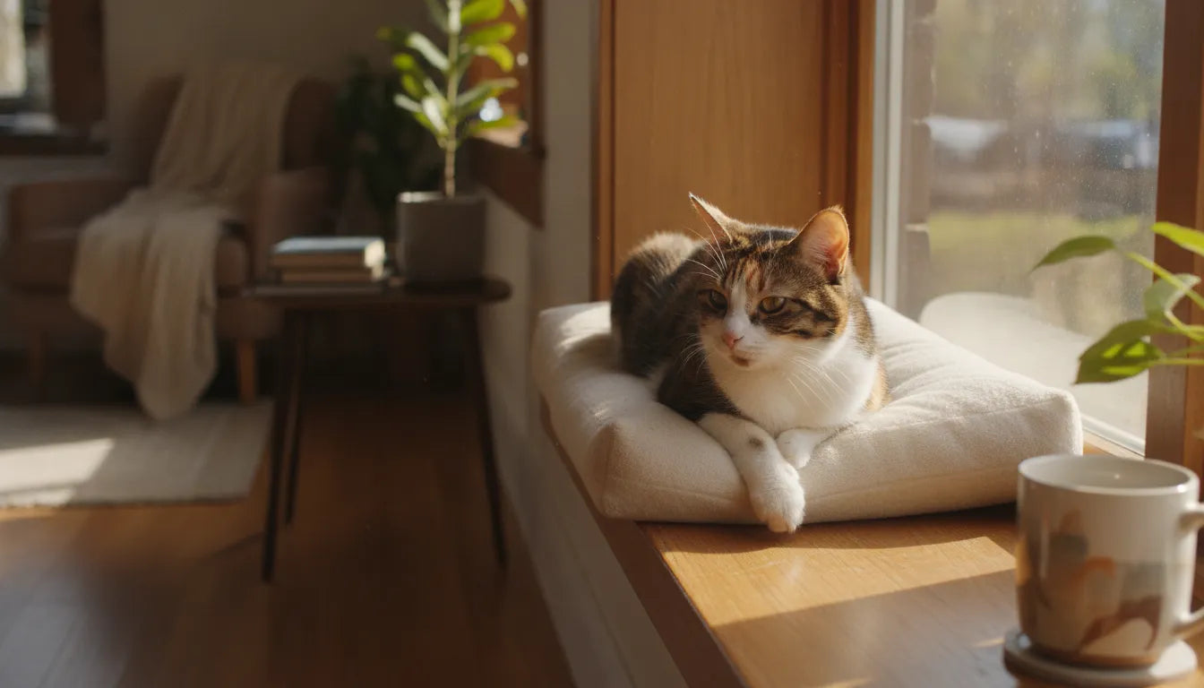 A healthy domestic cat relaxing in a sunlit home window