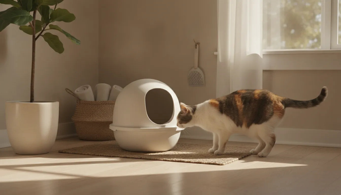Cat investigating a clean litter box area in a bright home