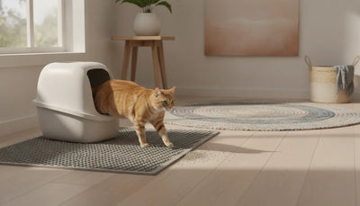 Cat stepping onto a textured cat litter mat beside a litter box