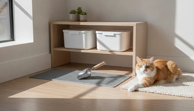 Cat beside a clean, organized litter storage area