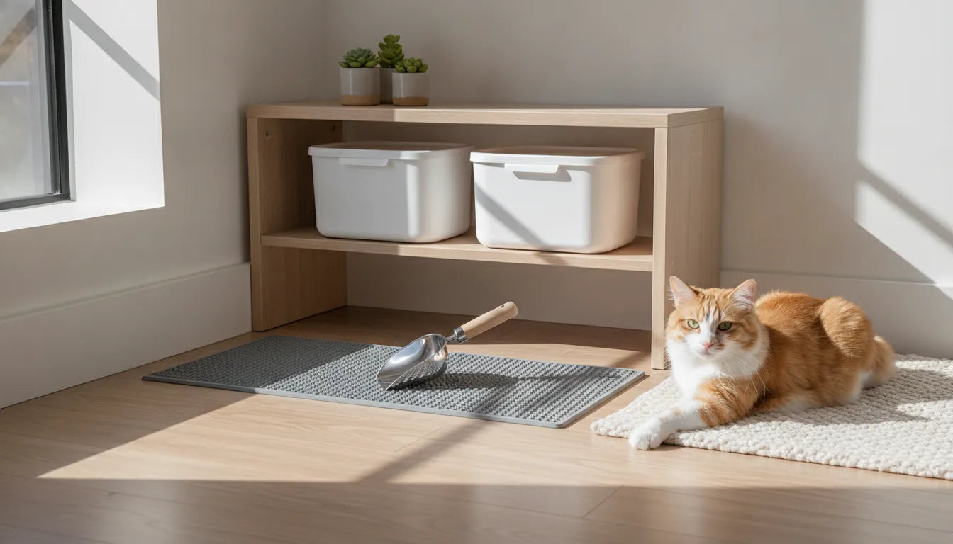 Cat beside a clean, organized litter storage area