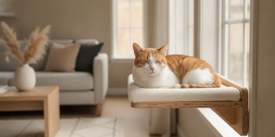 Cat relaxing on a stable window perch in a bright home