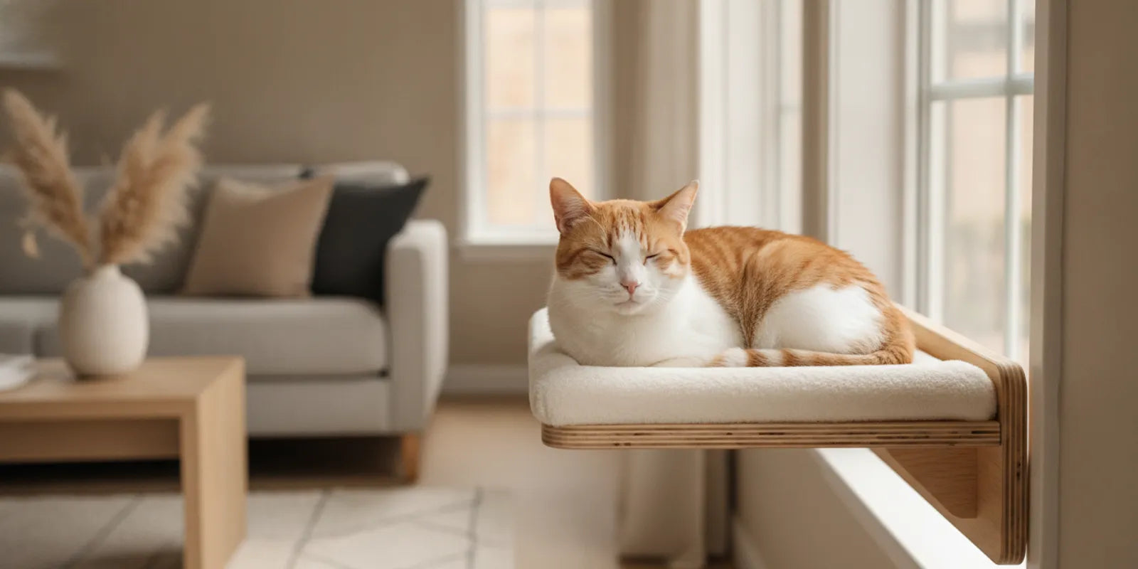 Cat relaxing on a stable window perch in a bright home