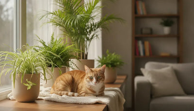 Orange tabby cat beside cat safe plants in a bright home