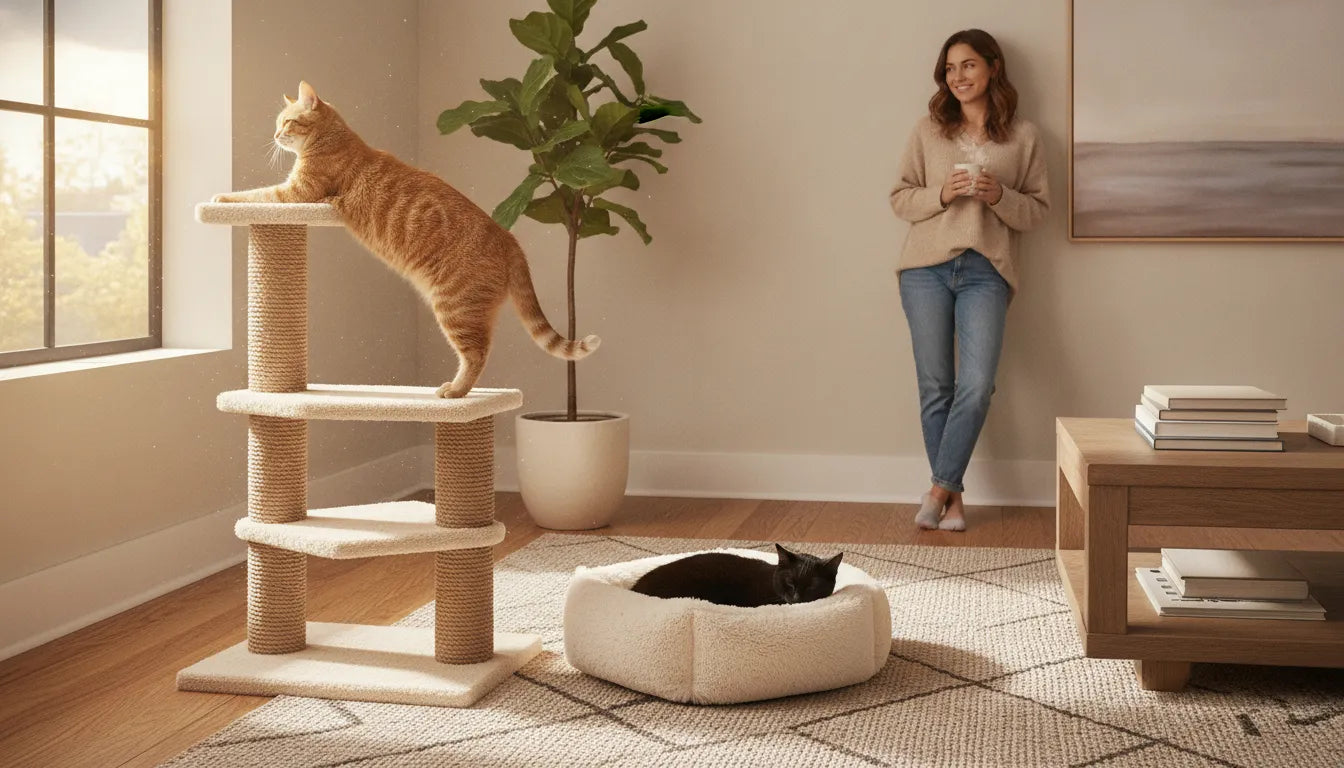 Cat using a sturdy scratching post in a bright home