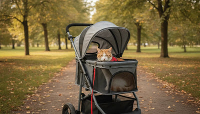 Relaxed cat riding in a ventilated pet stroller on a quiet park path